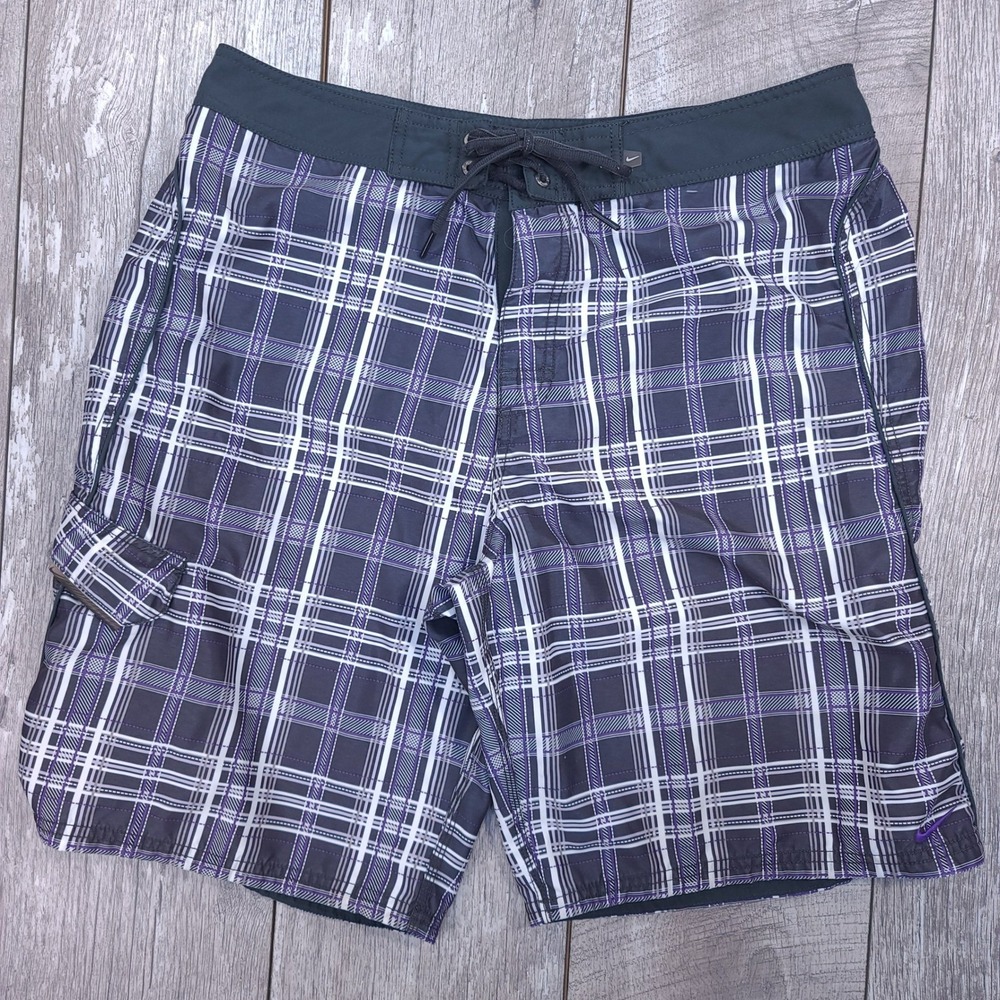 Vintage Nike Board Shorts Mens Size 36 Black Purple Plaid Swim Trunks Cargo